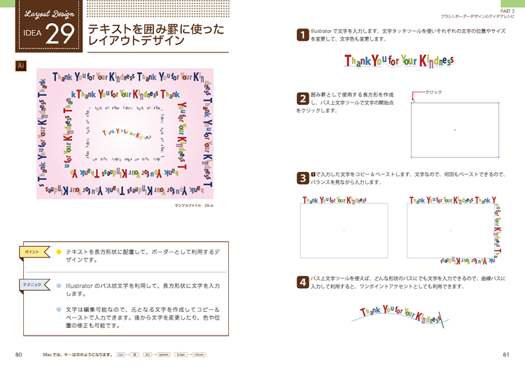 レイアウトデザインのアイデアです。アイデアのポイントとアプリのテクニックが簡潔にまとめられていて、ひとめでわかる構成です