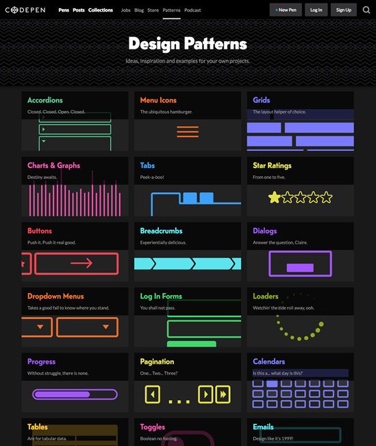 図1　デザインパターンごとにCodePenのコードを探せるコーナー