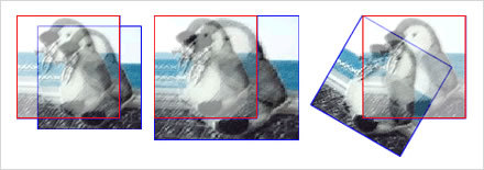 図12　Matrix3Dクラスの平行移動（左）/拡大・縮小（中央）/回転（右）のメソッドの変換結果