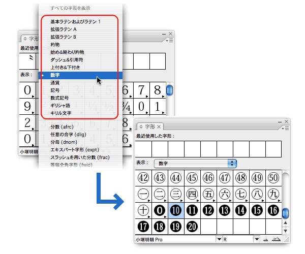 InDesign CS3の字形パネルでは、記号の種類別のセットが表示され、［数字］を選択すると丸数字などが一覧になる