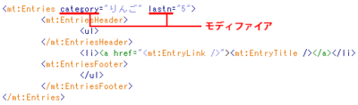 図10　モディファイア。HTMLのタグにおける「属性」と似た書き方で，MTタグの動作をコントロールすることができる。