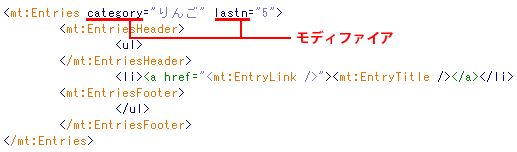 図10　モディファイア。HTMLのタグにおける「属性」と似た書き方で、MTタグの動作をコントロールすることができる。