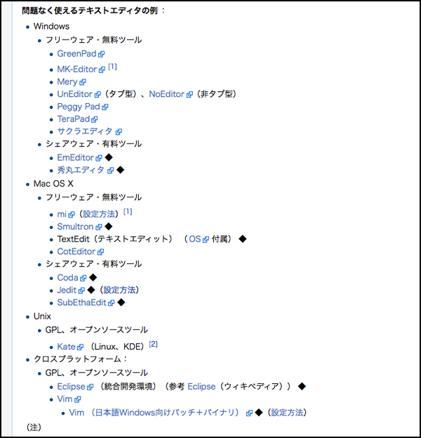 「WordPress Codex日本語版」の用語集より。ちなみにワタシはMacユーザーですので、フリーの「mi」を使うか、Adobe社の「Dreamweaver」にくっついているエディタを使っています