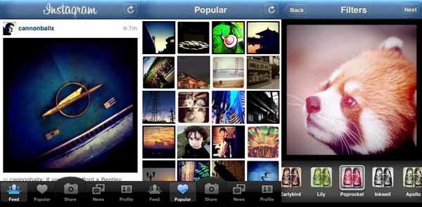 図7　「instagr.am」のiPhoneアプリ画面（左から「Feed」「Popular」「Share（フィルタで写真加工中）」