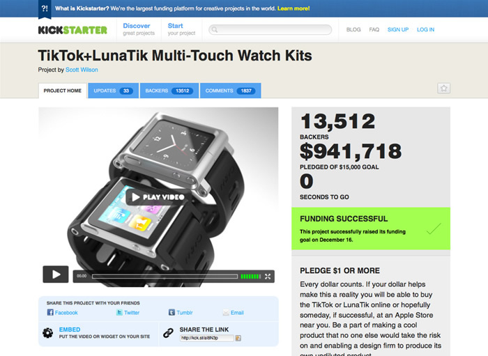 図7　「Kickstarter」で殿堂入りしたプロジェクト『TikTok+LunaTik Multi-Touch Watch Kits』では、最終的に94万ドル（約7,700万円）もの資金調達に成功した