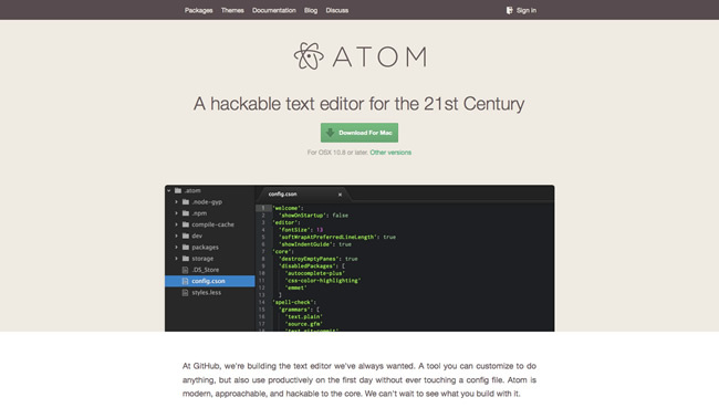 図1　オープンソースのテキストエディタ「Atom」のウェブサイト