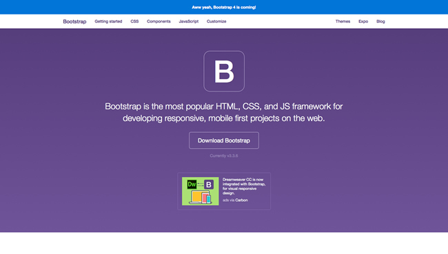図7　Adobe Dreamweaver CCとの連携など、もはやレスポンシブWebデザインには欠かせない「Bootstrap」。2015年8月には最新バージョンの「Bootstrap 4 alpha」がリリース