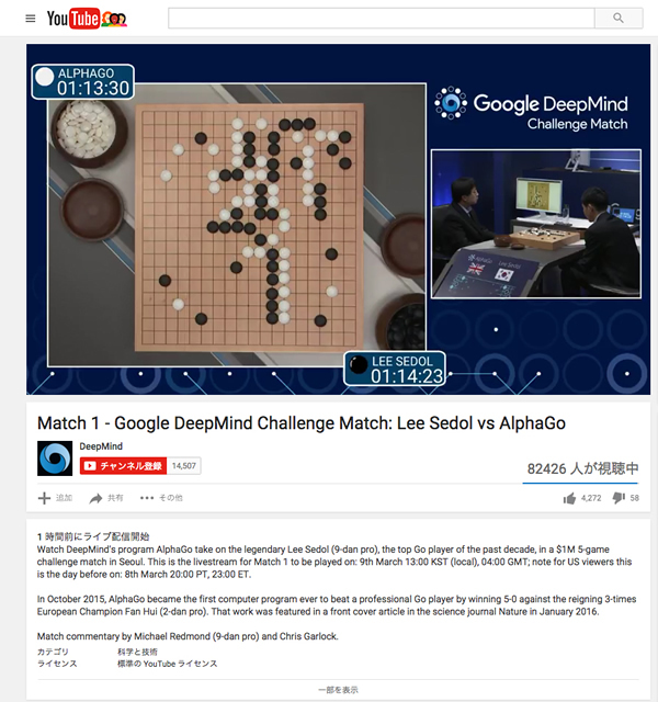 図2　「AlphaGo」とイ・セドル九段との五番勝負の様子は、世界中に生中継された