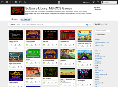 図7　Internet Archiveでは，多くの音楽，映像，ゲームなどが無償でアーカイブされている（画像はMS-DOSのゲームをアーカイブした「Software Library: MS-DOS Games」）