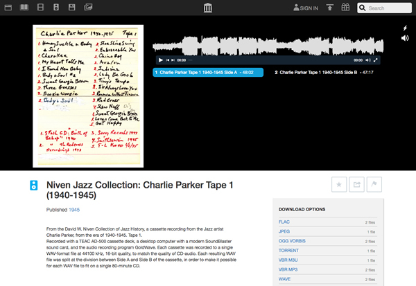 図6　アーカイブのひとつ、1940〜1945年のジャズアーティスト、Charlie Parker（チャーリー・パーカー）の音源を集めたもの