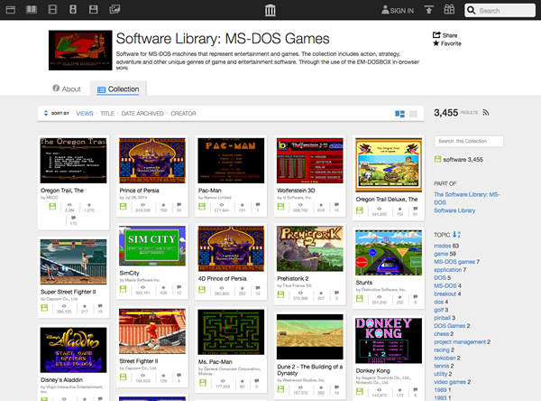 図7　Internet Archiveでは、多くの音楽、映像、ゲームなどが無償でアーカイブされている（画像はMS-DOSのゲームをアーカイブした「Software Library: MS-DOS Games」）