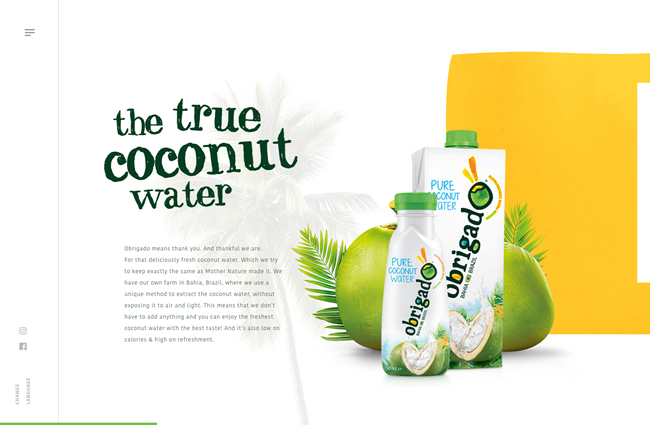 図5　ブラジルの飲料会社Obrigado Naturalのウェブサイト『Obrigado® Coconut Water』では、横にスクロールしながらココナッツウォーターを紹介している
