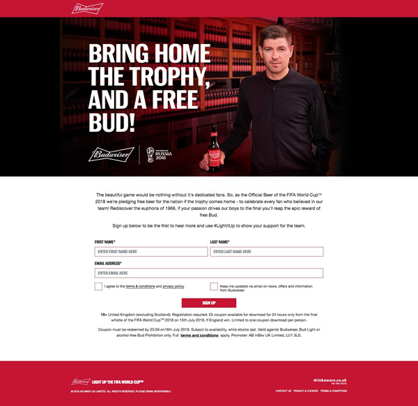 図2　ワールドカップのオフィシャルビールである「Budweiser」が、イングランド代表ファン向けに行ったキャンペーン「Budweiser Gesture」のウェブサイト