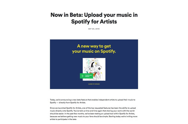 図1　インディーズアーティスト自身による「Spotify」へのアップロード機能の提供開始を報告する「Spotify」のwebsite181224公式Blogのエントリー