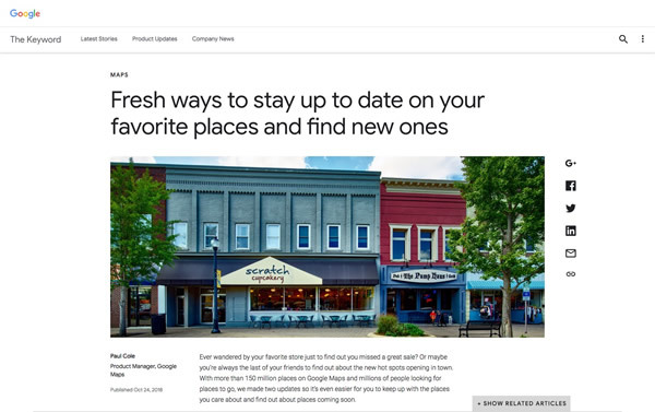 図3　GoogleのBlog「The Keyword」のエントリー「Fresh ways to stay up to date onyour favorite places and find new ones」