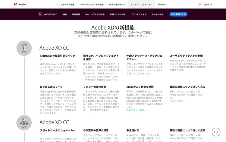 図2　2018年分の「Adobe XD」の毎月のアップデートがわかる『最新機能』のページ
