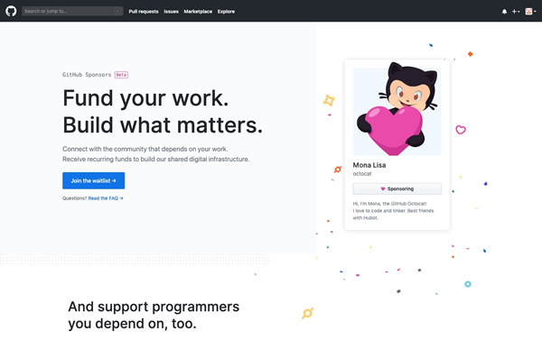 図2　オープンソースの開発者に寄付できる「GitHub」の新機能、「GitHub Sponsors」のウェブサイト