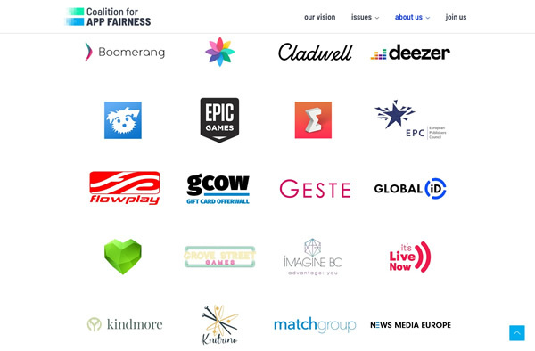図2　「Coalition for App Fairness」に賛同しているアプリメーカー。40を超えるスタートアップや人気アプリを提供する企業の名前が並ぶ