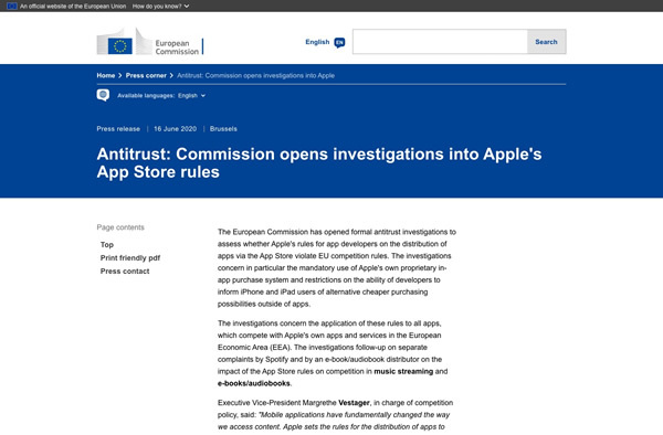 図3　Appleの「Apple Pay」「App Store」を対象に、競争法違反の調査を開始することを発表した欧州委員会のプレスリリース