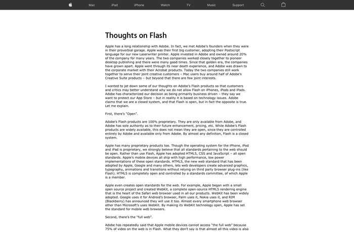 図6　AppleのSteve Jobsが「Adobe Flash」への考えを述べた公開書簡「Thoughts on Flash」