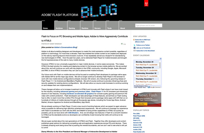 図8　モバイル版「Flash Player」開発中止が発表された、2011年11月9日のAdobe Blogのエントリー「Flash to Focus on PC Browsing and Mobile Apps; Adobe to More Aggressively Contribute to HTML5」