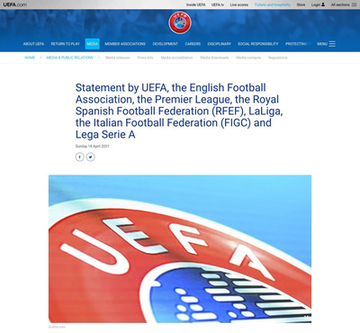 図3　「European Super League」の発表を受け，急遽発表されたUEFAによる各サッカー協会との共同声明