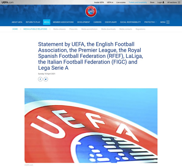 図3　「European Super League」の発表を受け、急遽発表されたUEFAによる各サッカー協会との共同声明