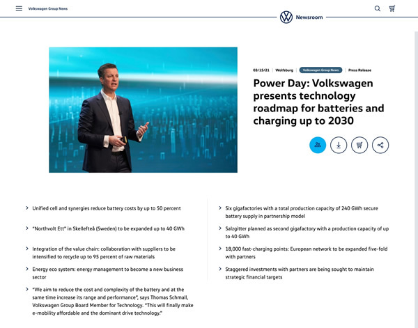 図11　Volkswagenの「Power Day」に関するプレスリリース。大規模なEVバッテリーの工場を6カ所建設して、バッテリー製造コストを大幅に削減する計画を発表した