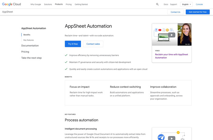 図3　繰り返し作業や仕事の手順を自動化できる「AppSheet」の機能拡張、「AppSheet Automation」のウェブサイト