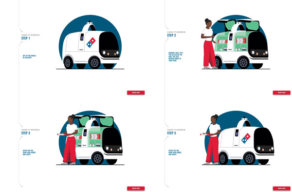 図7　『Domino’s Self-Driving Delivery』内でイラストを使って紹介される、自動運転車「Nuro R2」によるピザの宅配サービスの仕組み