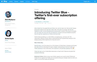 図1　Twitter初のサブスクリプションサービス「Twitter Blue」の詳細を説明するTwitter公式Blog「Introducing Twitter Blue」