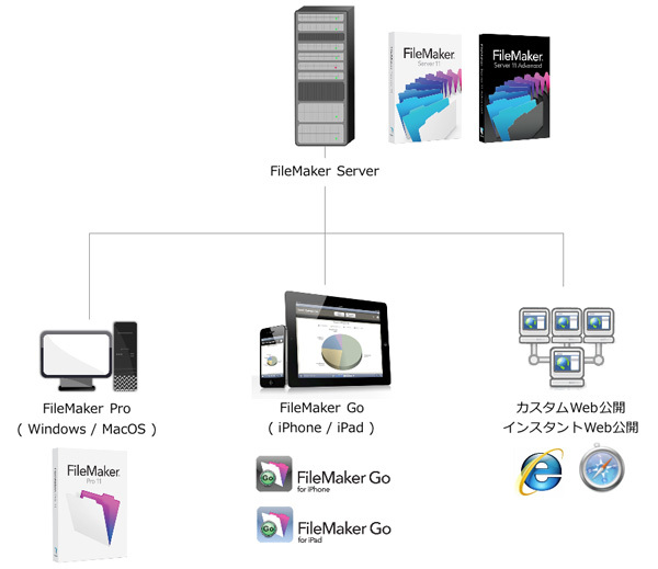 図5　FileMaker Proのデータベース共有機能を使用すれば、iPhone、iPad、Windows、Mac、Web全てのプラットフォームでの共有利用が可能