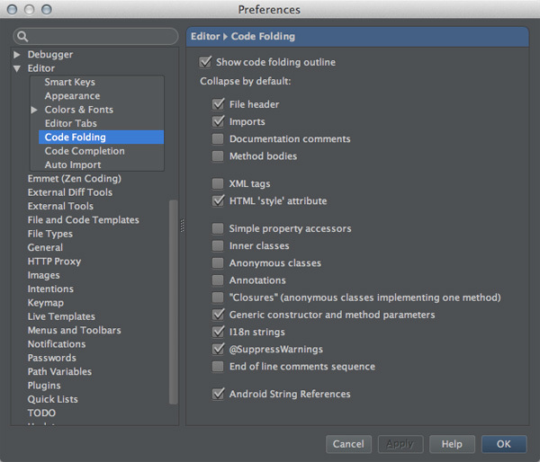図7　「Preferences / Editor / Code Folding」設定画面