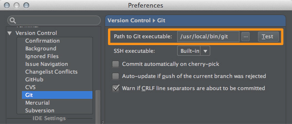 図1　「Preferences / Version Control / Git」設定画面
