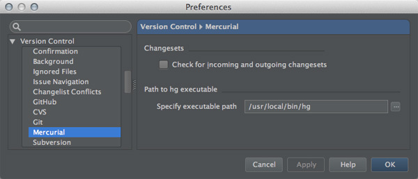 図1　「Preferences / Version Control / Mercurial」設定画面