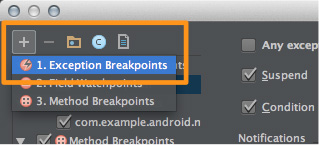 図25　「Exception Breakpoints」を追加する