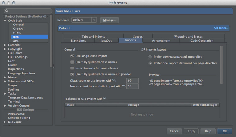 図2　「Preferences / Code Style / Java」設定画面の「imports」タブ