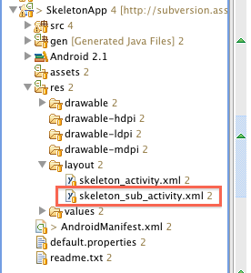 図2　「res/layout」フォルダ以下に，作成したskeleton_sub_activity.xmlが追加された。