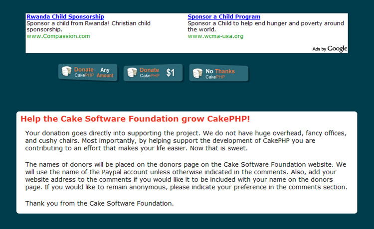 図2　Help the Cake Software Foundation grow CakePHP!．寄付の呼びかけ