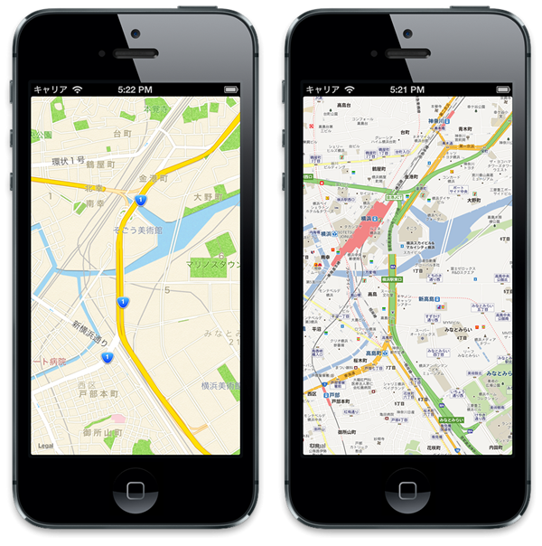 図1　iOS 6の地図とGoogleマップの比較