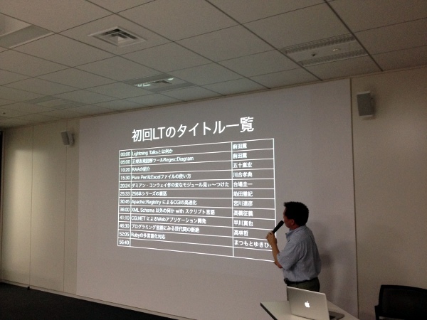 日本初のLTのリスト。そうそうたる顔ぶれ。ちなみに「複数プログラムが行われるLTを英語表記する際は「Lightning Talks“s”」と複数表記してほしい」と前田氏は参加者に伝えました