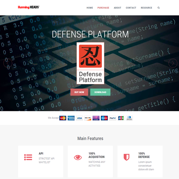 ハミングヘッズの「Defense Platform」の海外向け販売サイト。こちらでも決済部分についてはMyCommerceが使われている