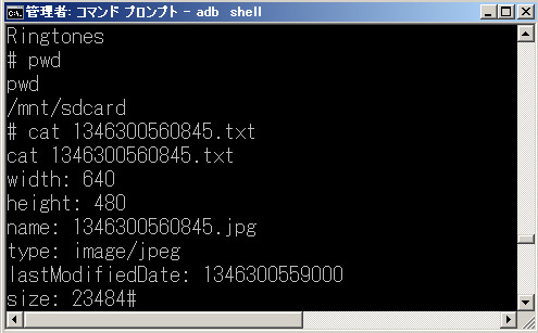 コマンドプロンプトでadb shellでSSH接続を行い、catコマンドでテキストファイルの中身を確認