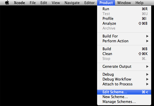 Xcodeの対象プロジェクトを選択している状態で、上部メニューの［Product］より［Edit Scheme］をクリック