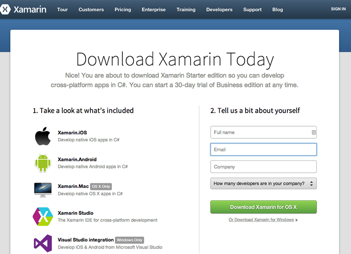 必要事項を記入して「Download Xamarin for OS X」をクリックします