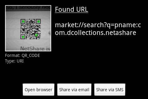 Barcode Scannerで、QRコードを読み取ったところ。Open browserでAndroid Marketにアクセスできる。