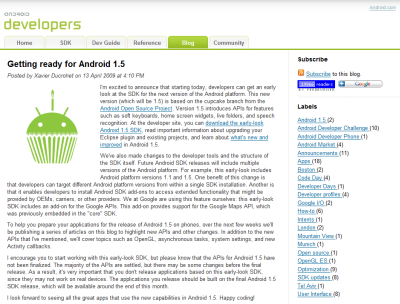 開発者向けのブログでも、Android 1.5のエントリーが。