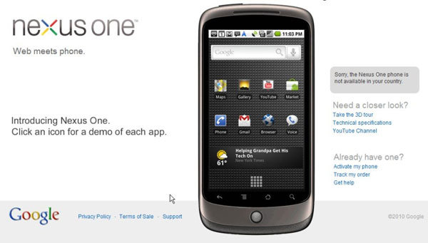 図1　Nexus Oneのホームページ。2010年1月12日時点では、米国、英国、香港、シンガポールのユーザが購入できる。