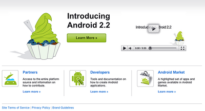 Android.comでは、ビデオでAndroid 2.2の特徴を知ることができる。しかし、緑のFroyoは気持ち悪くて食べられませんね（笑）