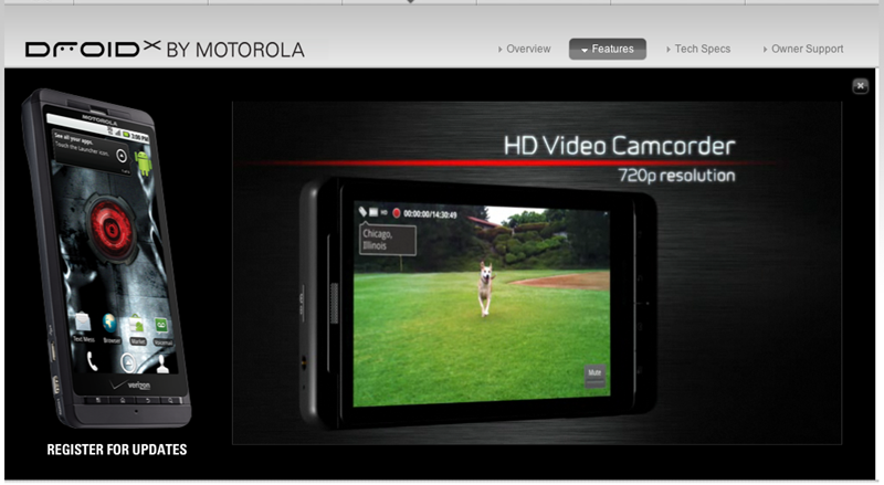 motorola.comで、ロケーションをUSAに変更するとDROID Xのスペックやビデオを見ることができる。